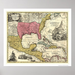 Póster Novo Mapa da América Espanha 1712