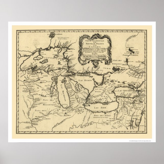 Póster Novo mapa de 1755 da França e do Canadá (Frente)