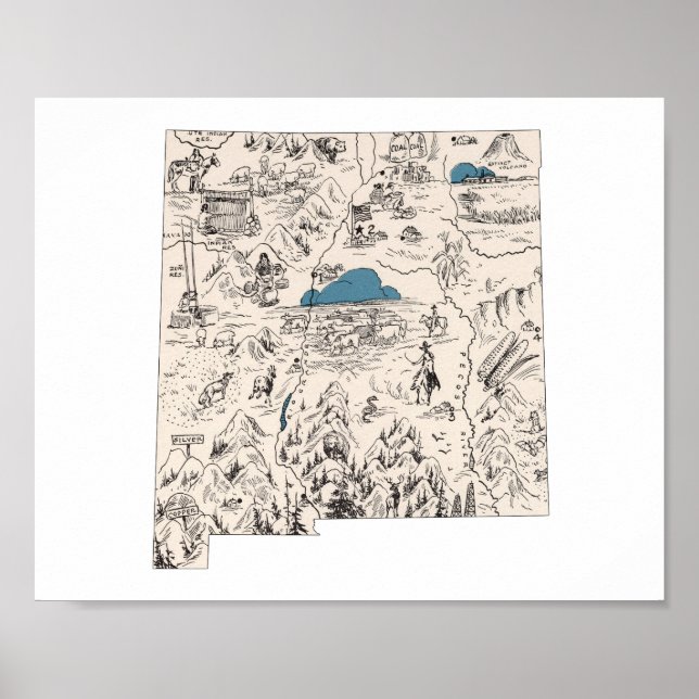 Póster Novo Mapa de Imagens Vintage do México (Frente)