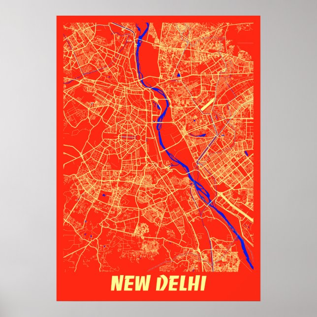 Poster Novo Mapa de Nova Deli - Índia Retro City (Frente)