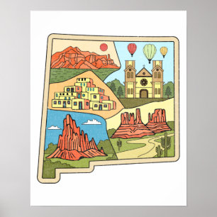 Poster Novo Mapa do Estado do México Vintage Albuquerque