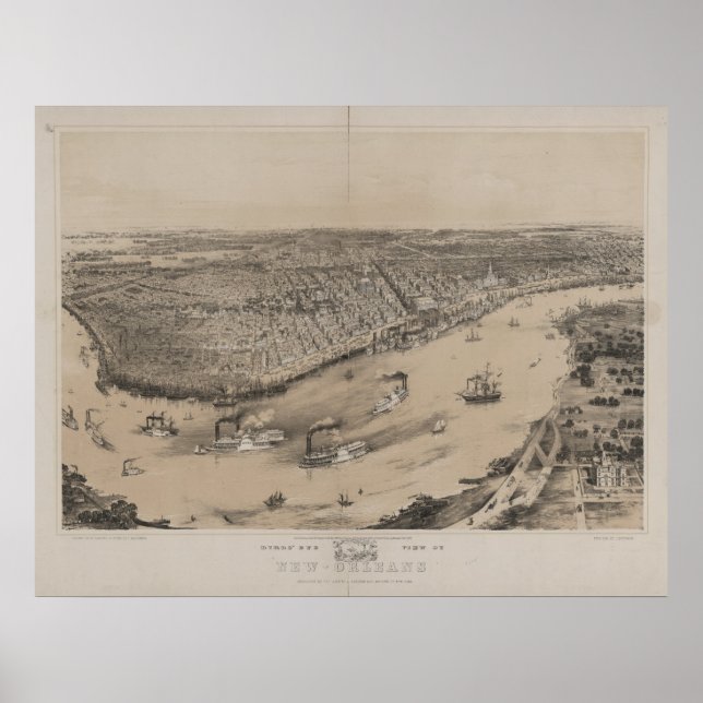 Poster Novo Orleans Louisana 1851 Mapa Panorâmico Antiqua (Frente)