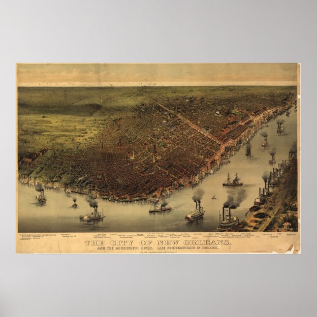 Poster Novo Orleans Louisana 1885 Mapa Panorâmico Antiqua (Frente)