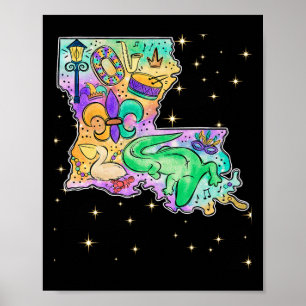 Poster Novo Orleans Louisiana Mapa Mardi Gras Jester Funn