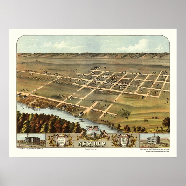 Póster Novo Ulm, Mapa Panorâmico MN - 1870 (Frente)