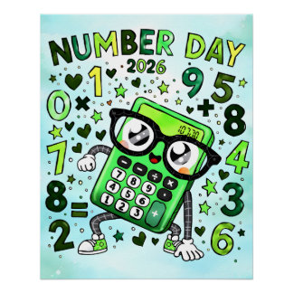 Póster Number Day 2026 Green Calculator Math Design