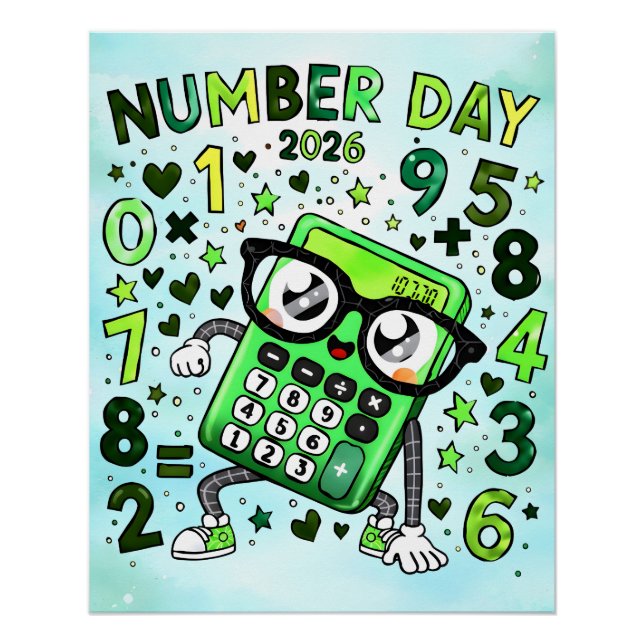 Póster Number Day 2026 Green Calculator Math Design (Frente)