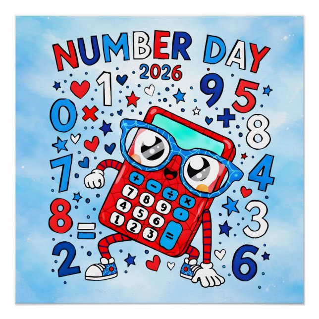 Póster Number Day 2026 Red Calculator Math Design (Frente)