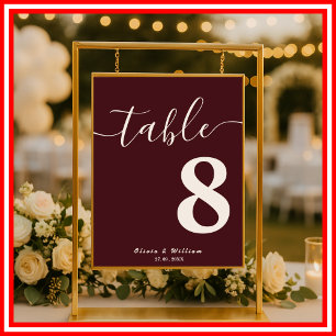 Poster Número da Mesa de Casamento Borgonha e Marfim