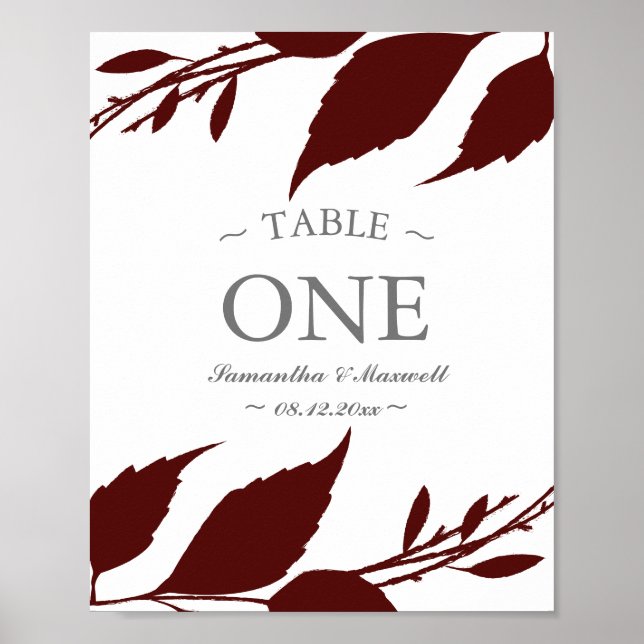 Poster Número de Mesa Folhas de Bordô da Folhagem de Outo (Frente)
