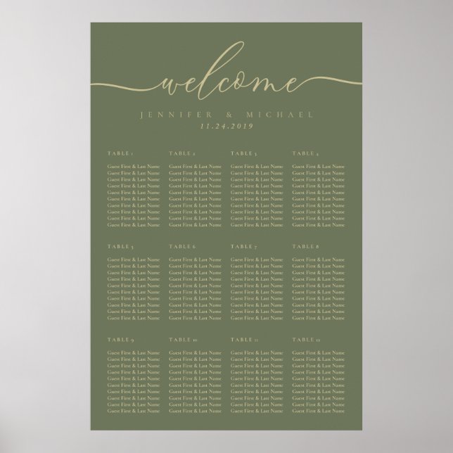 Poster Números de Mesa em Dourado Sage de Boas-Vindas (Frente)