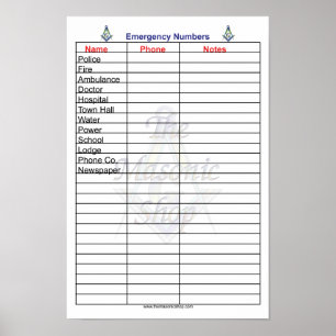 Poster Números de Telefone de Emergência Masônico