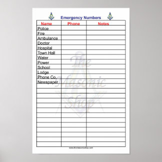 Poster Números de Telefone de Emergência Masônico