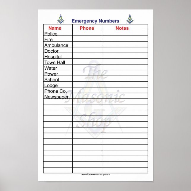 Poster Números de Telefone de Emergência Masônico (Frente)