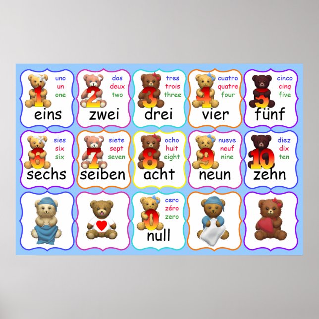 Póster Números de Urso Educação, Números, Inglês, Francês (Frente)