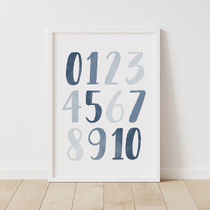 Poster Números em Aquarela Azul Decoração Educacional par