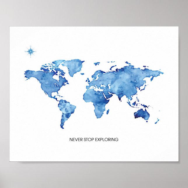 Póster Nunca Pare de Explorar Mapa do Mundo Azul Impressã (Frente)