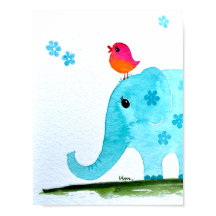 Nursert wallart_ watercolor Elefante e pássaro ros