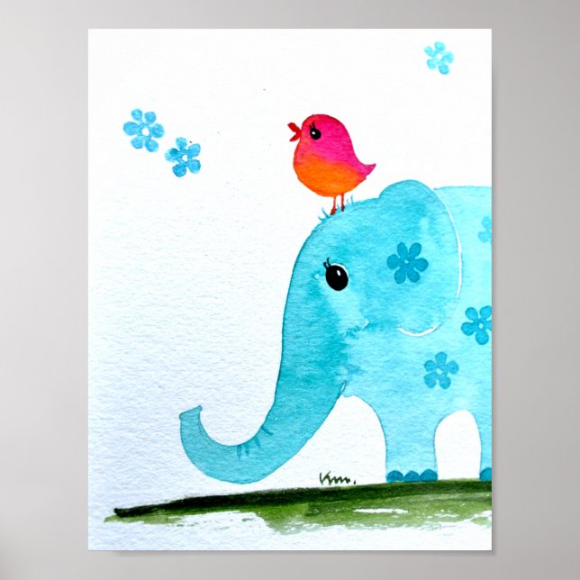 Póster Nursert wallart_ watercolor Elefante e pássaro ros (Frente)
