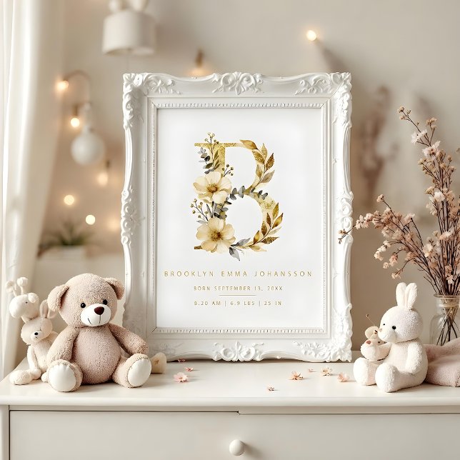 Póster Nursery Cute Romantic Floral B Letter Gold (Delicate Romantic Floral B Letter in Gold Glitter Effect Posters for Nursery Decor. )