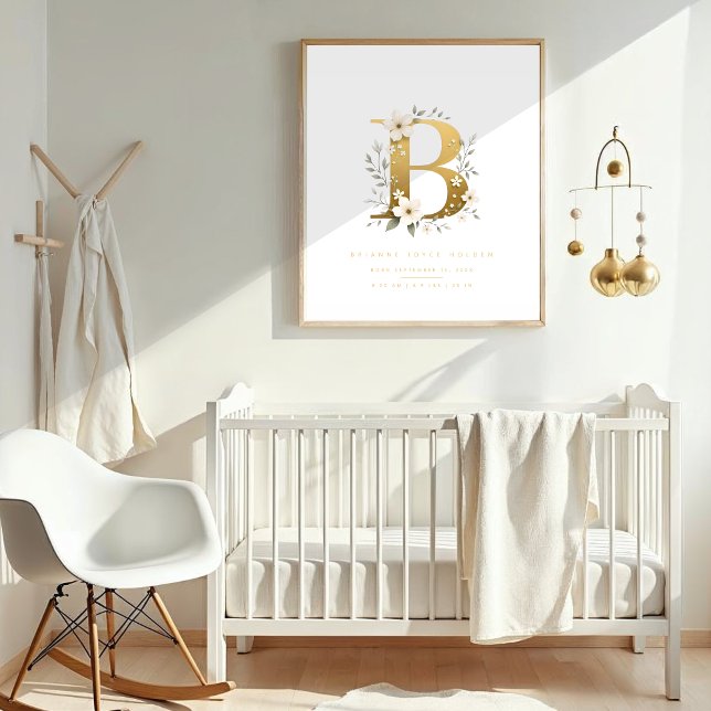 Poster Nursery Cute Romantic Floral B Letter Gold Effect (Cute Romantic Floral B Letter in Gold Effect Posters for Nursery.)