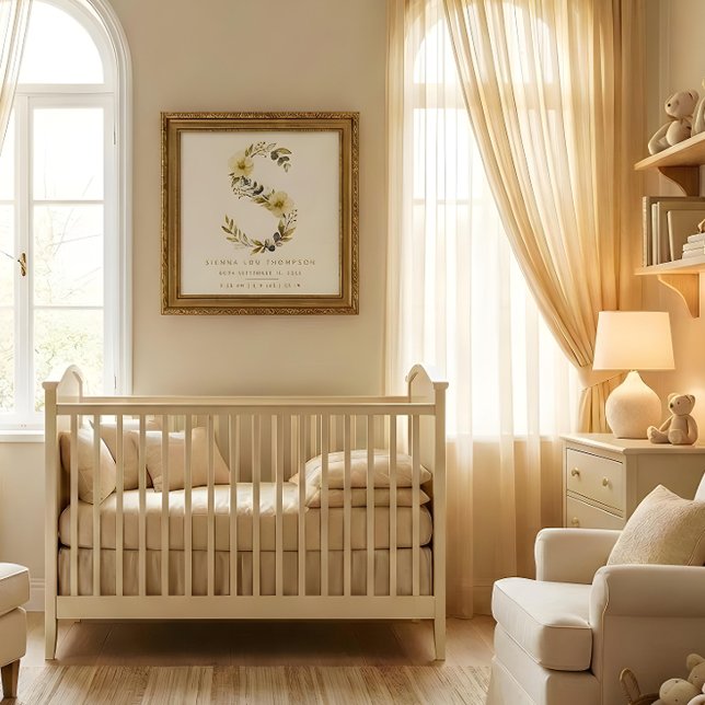 Poster Nursery Cute Romantic Floral S Letter Gold Effect (Delicate Romantic Floral S Letter in Gold Glitter Effect Posters for Nursery Decor. )