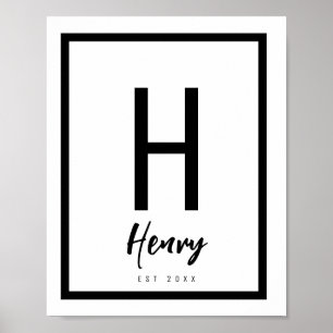 Poster Nursery de Nome Moderno Preto e Branco Inicial