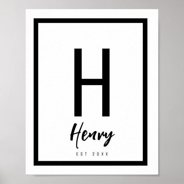 Poster Nursery de Nome Moderno Preto e Branco Inicial (Frente)