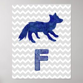 Póster Nursery Decor Blue Fox - Letra F Cinza Chevron