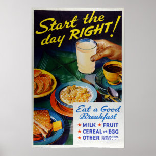 Póster Nutrição Vintage Comer Café da Manhã Fruta Cereal
