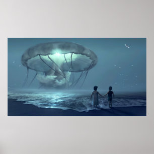 Poster Nuvem de águas-vivas fluindo sobre o oceano