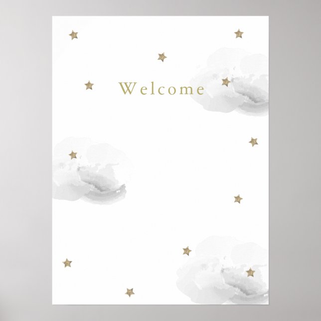 Poster Nuvens Cinzas e Estrelas Douradas de Boas-Vindas (Frente)