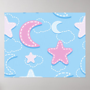 Poster Nuvens de Estrelas de Lua de Pastel Bonitas e Ador