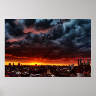 Póster Nuvens, por do sol e vermelho