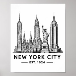 Poster NYC Skyline Illustration with Statue of Liberty