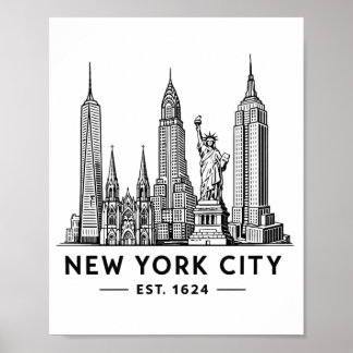 Poster NYC Skyline Illustration with Statue of Liberty