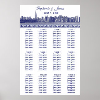 Poster NYC Wide Skyline Etch BW Blue Grego Key S