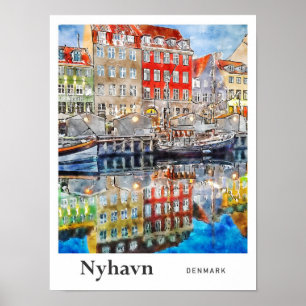 Poster Nyhavn Denmark Viagem Watercolor Hand Drawn