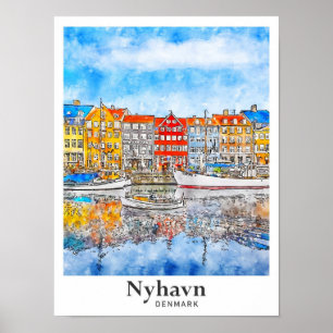 Poster Nyhavn Denmark Watercolor Hand Drawn