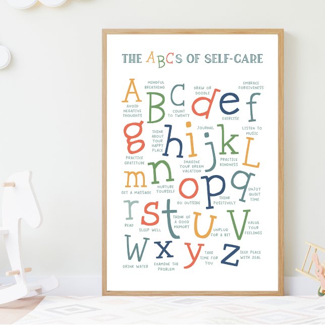 Poster O ABC de Aprendizagem Social Emocional de Autoaten (abcs of self-care, self care, affirmations, mental health, classroom posters, montessori, colorful)