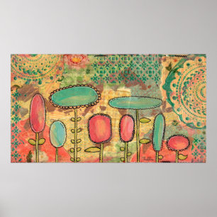 Poster O abstrato moderno floresce os meios mistos que