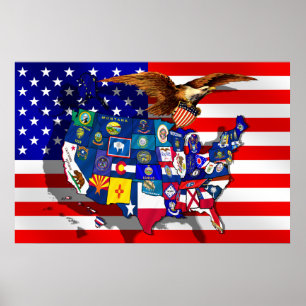 Póster O americano Eagle EUA embandeira o mapa das