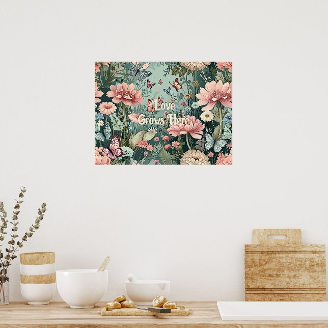 Poster O Amor Cresce Aqui - Pastel Floral e Borboleta (Cozinha)