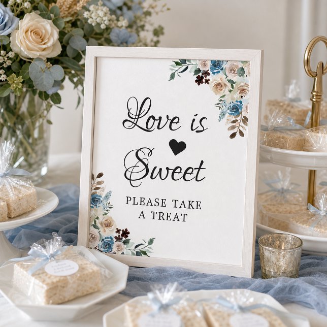 Poster O amor é Doce Boho Azul Empoeirado Bege Floral (Criador carregado)