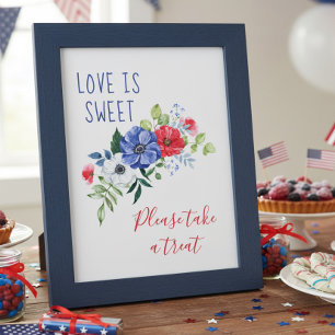 Poster O Amor é Doce Sinal de Mesa Floral Vermelho Branco