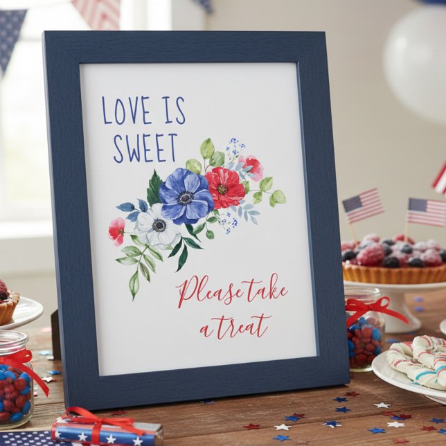 Poster O Amor é Doce Sinal de Mesa Floral Vermelho Branco (Red White & Blue Floral Wedding Shower Treat Table Sign by Darling & May. Printed or Digital.)