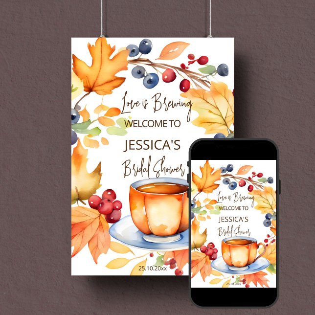 Poster O amor está fervilhando placa de boas-vindas para  (Love is brewing fall bridal tea party bridal shower template welcome sign poster digital download)