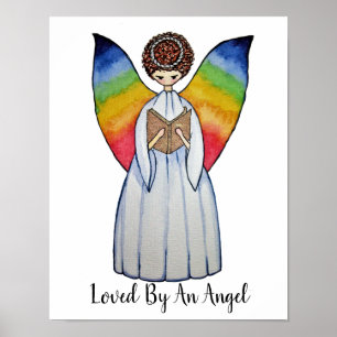 Poster O anjo da aguarela com arco-íris voa lendo um