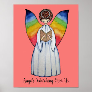 Póster O anjo da aguarela com arco-íris voa lendo um