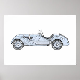 Póster O azul do vintage BMW 1936 328 escreve o desenho